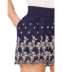 CeCe Elastic Waistband Pull On Floral Embroidered Scalloped High Rise Shorts