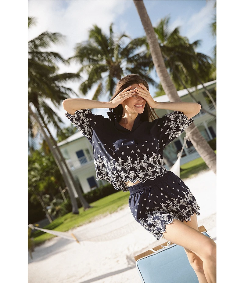 CeCe Elastic Waistband Pull On Floral Embroidered Scalloped High Rise Shorts