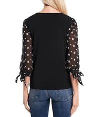 CeCe Floral Embroidered 3/4 Tie Sleeve Crew Neck Knit Top