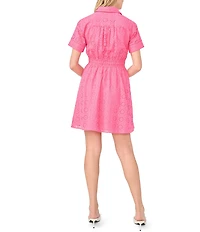 CeCe Eyelet Lace Short Sleeve Button Down Belted Mini Dress