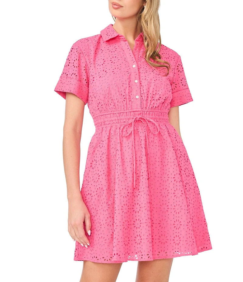 CeCe Eyelet Lace Short Sleeve Button Down Belted Mini Dress