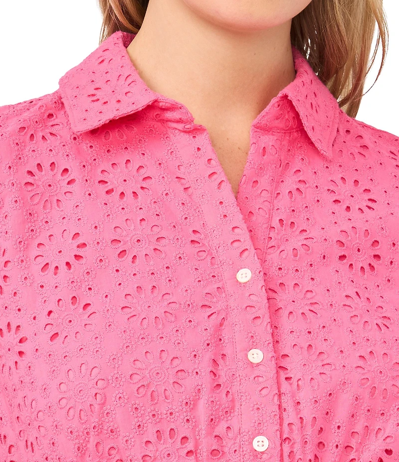 CeCe Eyelet Lace Short Sleeve Button Down Belted Mini Dress