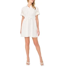 CeCe Eyelet Lace Short Sleeve Button Down Belted Mini Dress