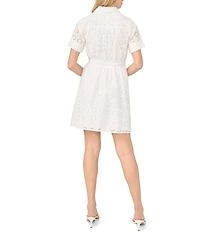 CeCe Eyelet Lace Short Sleeve Button Down Belted Mini Dress