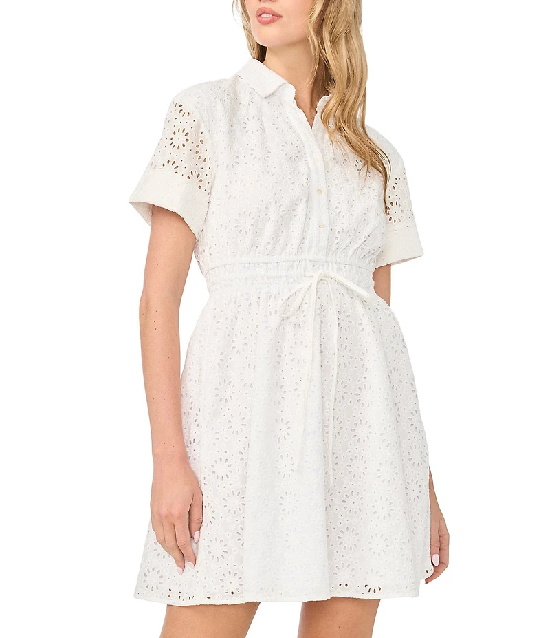 CeCe Eyelet Lace Short Sleeve Button Down Belted Mini Dress