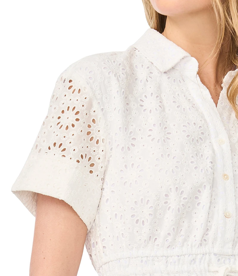 CeCe Eyelet Lace Short Sleeve Button Down Belted Mini Dress