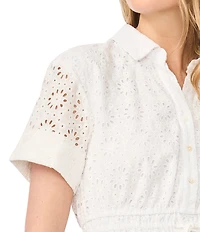CeCe Eyelet Lace Short Sleeve Button Down Belted Mini Dress