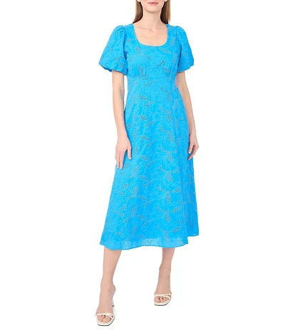 CeCe Eyelet Paisley Print Scoop Neck Short Sleeve Midi A-Line Dress