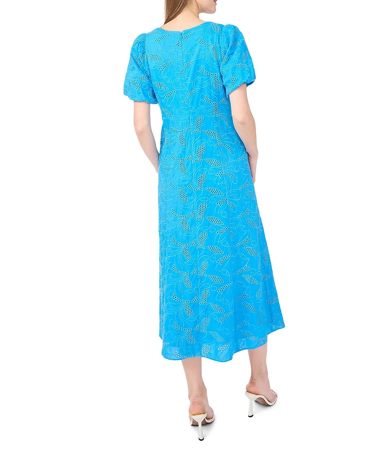 CeCe Eyelet Paisley Print Scoop Neck Short Sleeve Midi A-Line Dress