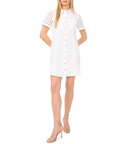 CeCe Eyelet Point Collar Short Sleeve Shirt Dress