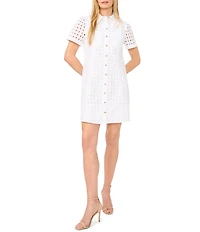 CeCe Eyelet Point Collar Short Sleeve Shirt Dress