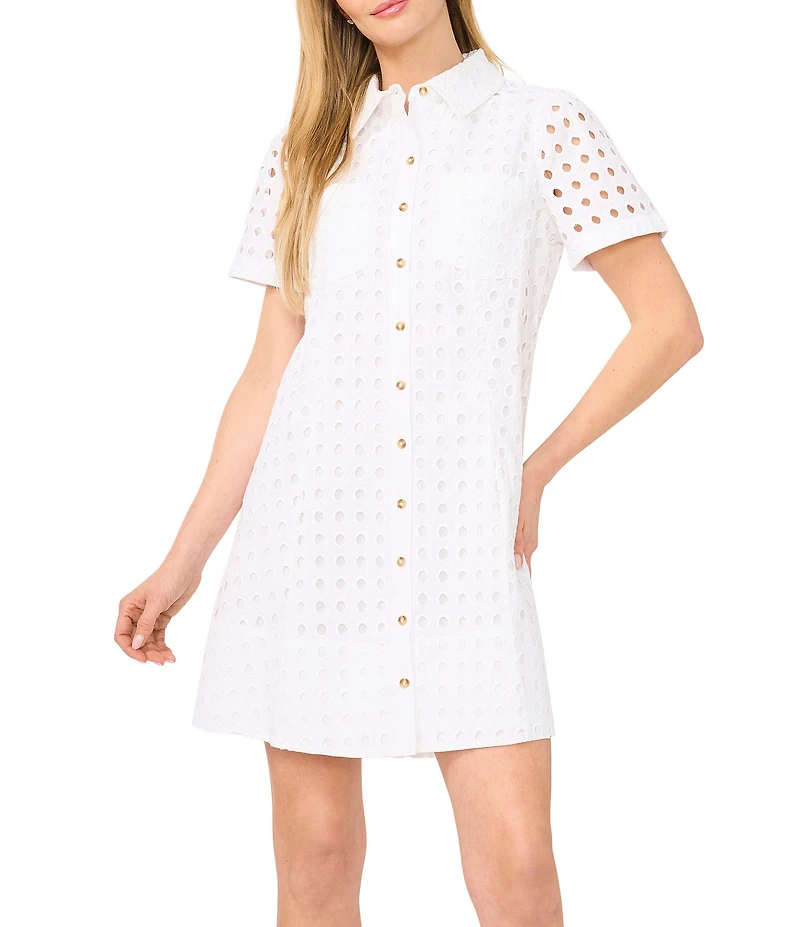 CeCe Eyelet Point Collar Short Sleeve Shirt Dress