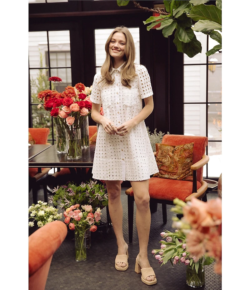 CeCe Eyelet Point Collar Short Sleeve Shirt Dress