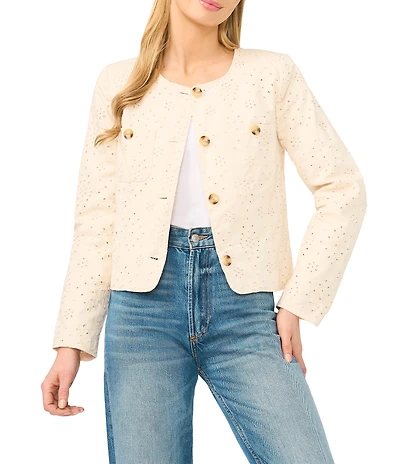 CeCe Eyelet Textured Round Neck Long Sleeve Button Front Jacket