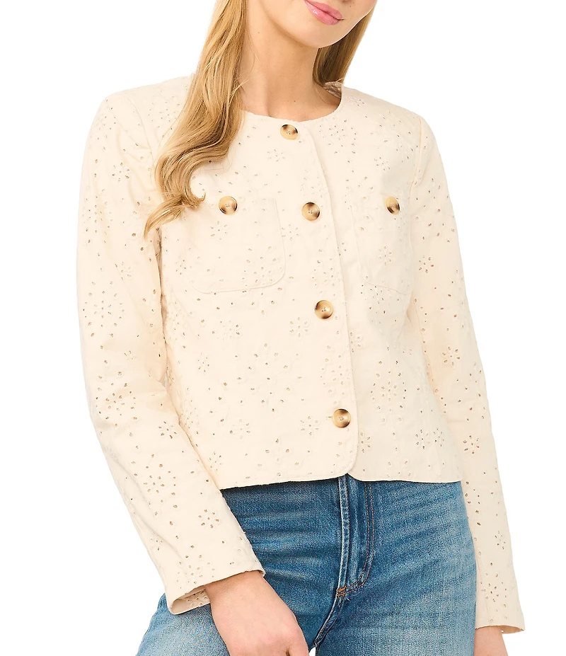 CeCe Eyelet Textured Round Neck Long Sleeve Button Front Jacket