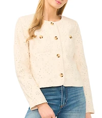 CeCe Eyelet Textured Round Neck Long Sleeve Button Front Jacket