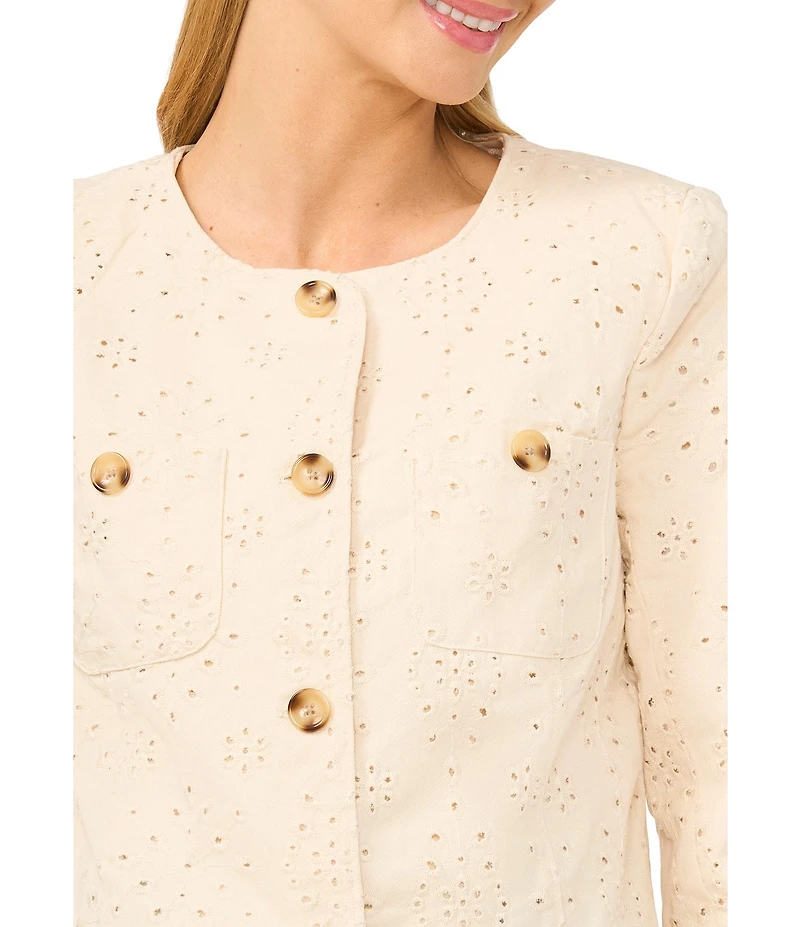 CeCe Eyelet Textured Round Neck Long Sleeve Button Front Jacket