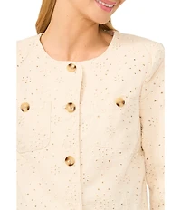 CeCe Eyelet Textured Round Neck Long Sleeve Button Front Jacket
