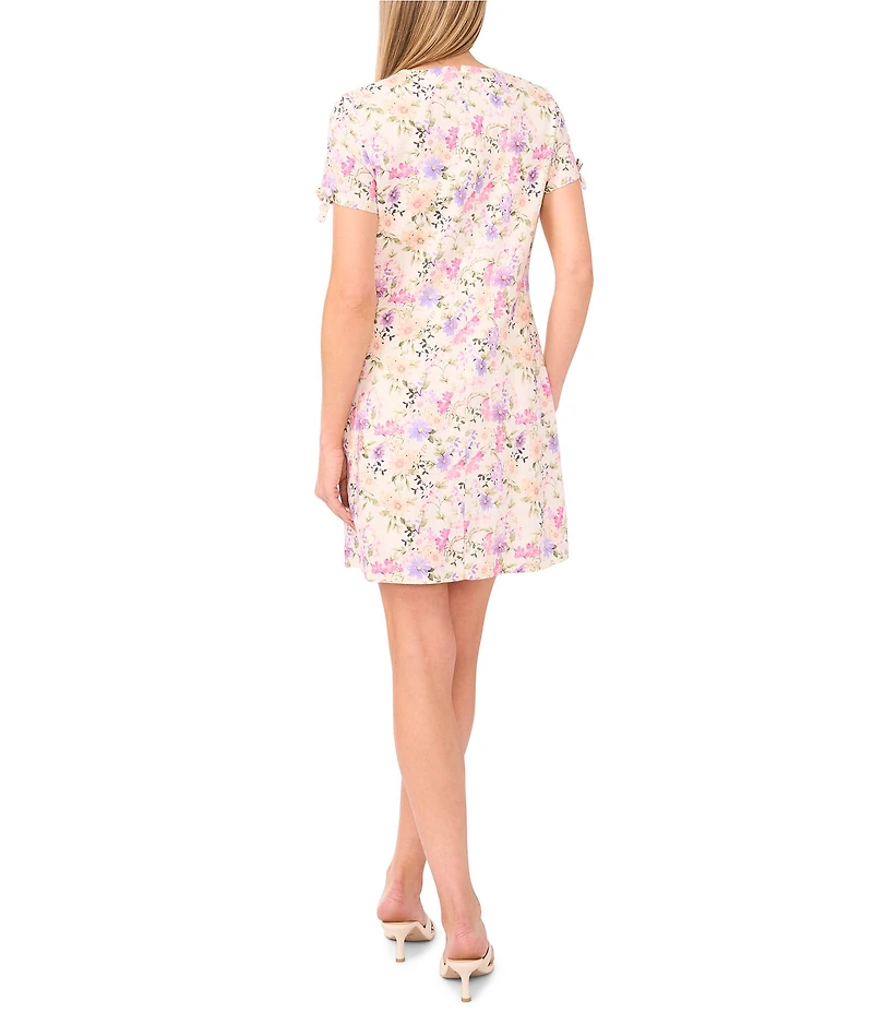 CeCe Floral Print Linen Blend Round Neck Short Sleeve Bow Front Shift Dress