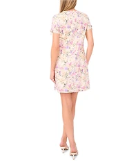 CeCe Floral Print Linen Blend Round Neck Short Sleeve Bow Front Shift Dress