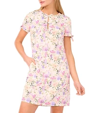 CeCe Floral Print Linen Blend Round Neck Short Sleeve Bow Front Shift Dress