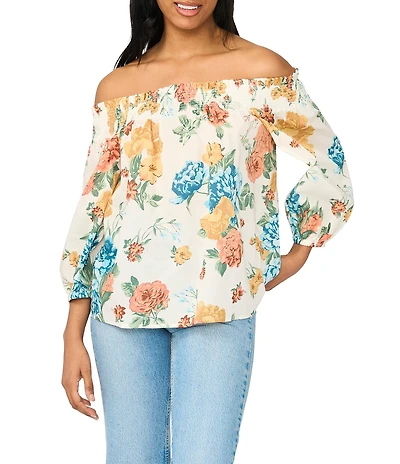 CeCe Floral Print Off the Shoulder Smocked Long Sleeve Blouse