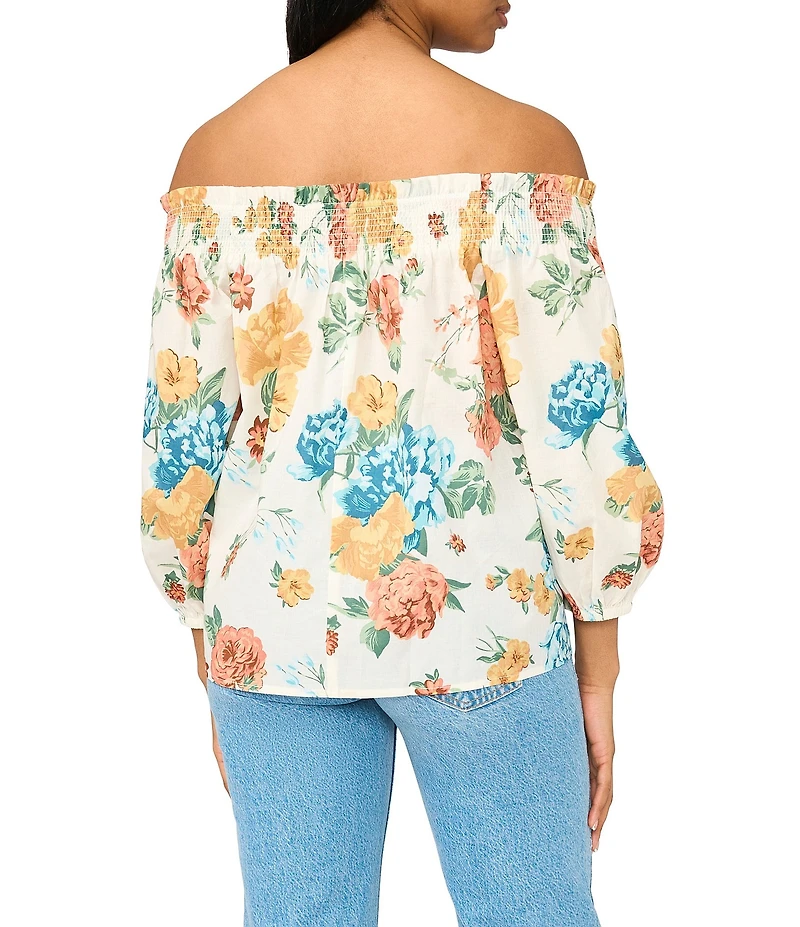 CeCe Floral Print Off the Shoulder Smocked Long Sleeve Blouse