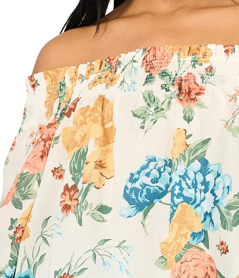 CeCe Floral Print Off the Shoulder Smocked Long Sleeve Blouse