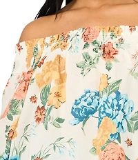 CeCe Floral Print Off the Shoulder Smocked Long Sleeve Blouse