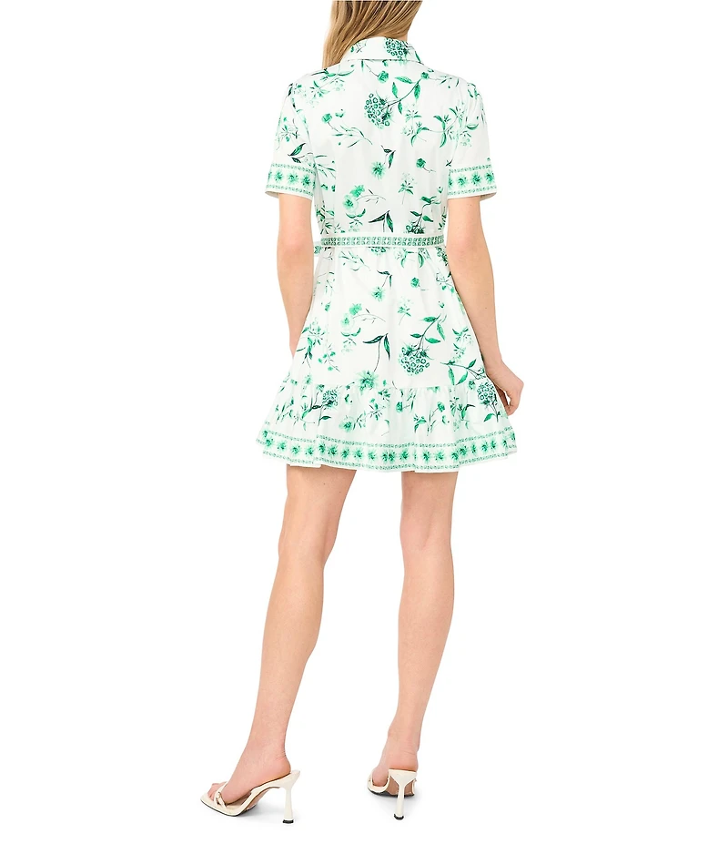 CeCe Floral Print Point Collar Short Sleeve Tie Waist Dress