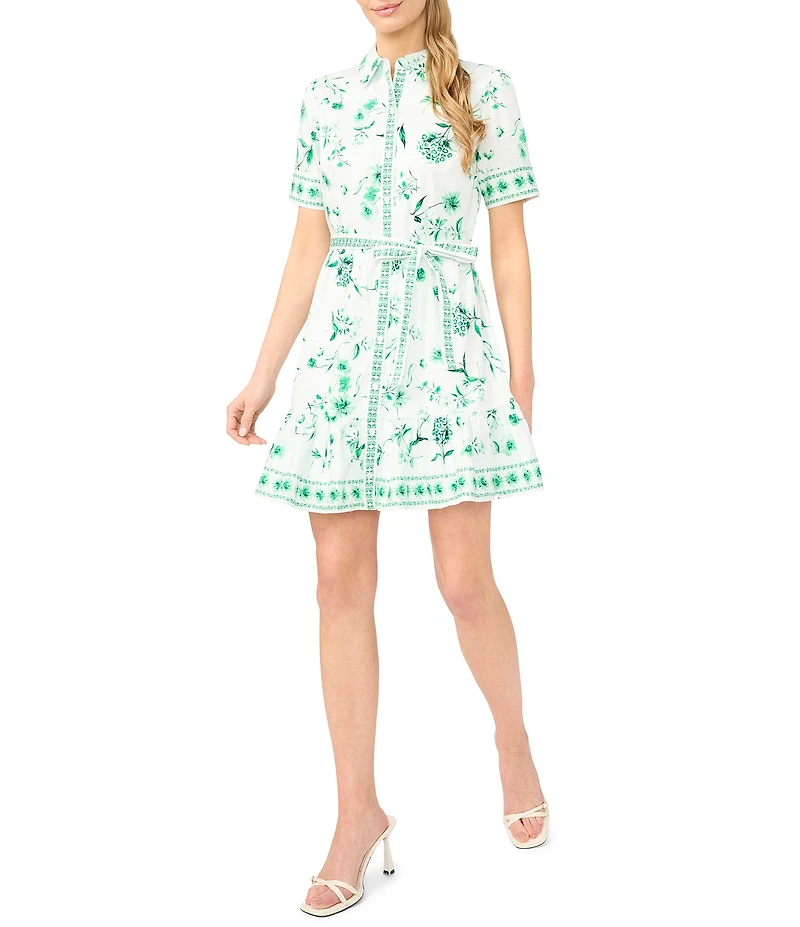 CeCe Floral Print Point Collar Short Sleeve Tie Waist Dress