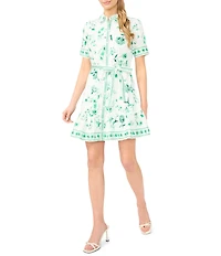 CeCe Floral Print Point Collar Short Sleeve Tie Waist Dress
