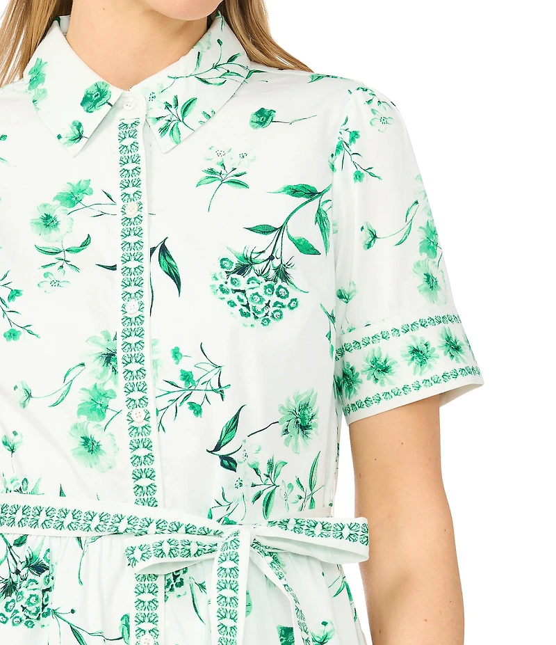 CeCe Floral Print Point Collar Short Sleeve Tie Waist Dress