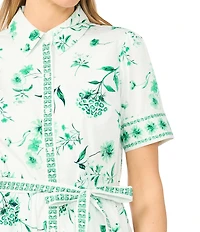 CeCe Floral Print Point Collar Short Sleeve Tie Waist Dress