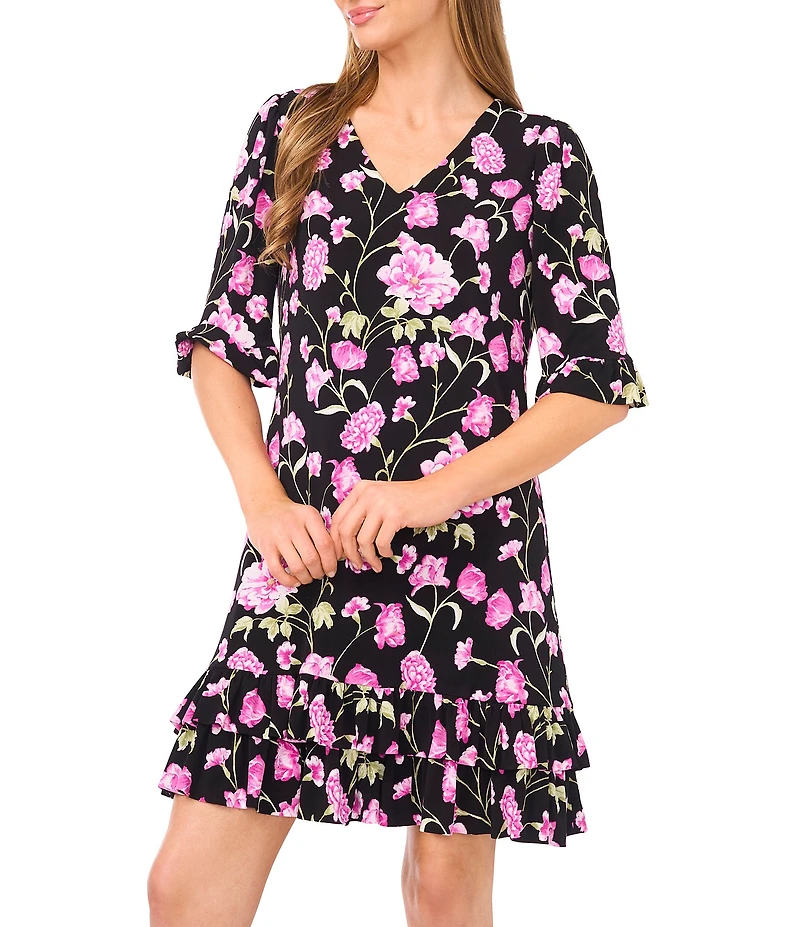 CeCe Floral Print V-Neck 3/4 Sleeve Ruffle Mini A-Line Dress