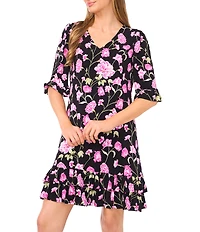 CeCe Floral Print V-Neck 3/4 Sleeve Ruffle Mini A-Line Dress
