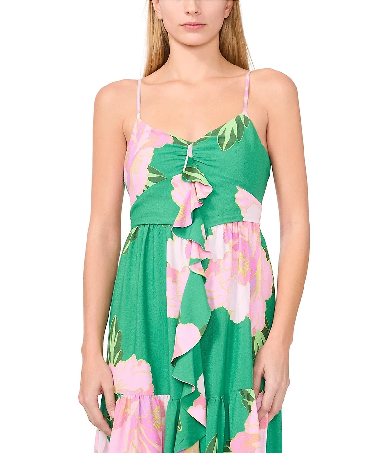 CeCe Floral Print V-Neck Sleeveless Tiered Ruffle Maxi A-Line Dress