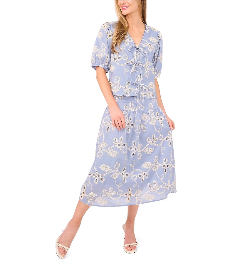 CeCe Flouncy Floral Embroidered Midi Skirt