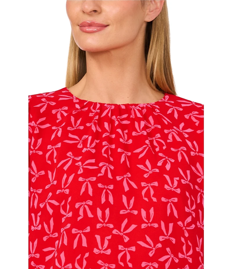 CeCe Gauze Chiffon Bow Print Crew Neck Long Ruffle Sleeve Top