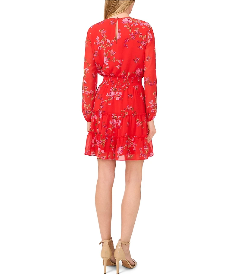 CeCe Gauze Chiffon Floral Print Round Neck Long Sleeve Smocked Tiered Mini A-Line Dress