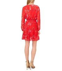 CeCe Gauze Chiffon Floral Print Round Neck Long Sleeve Smocked Tiered Mini A-Line Dress