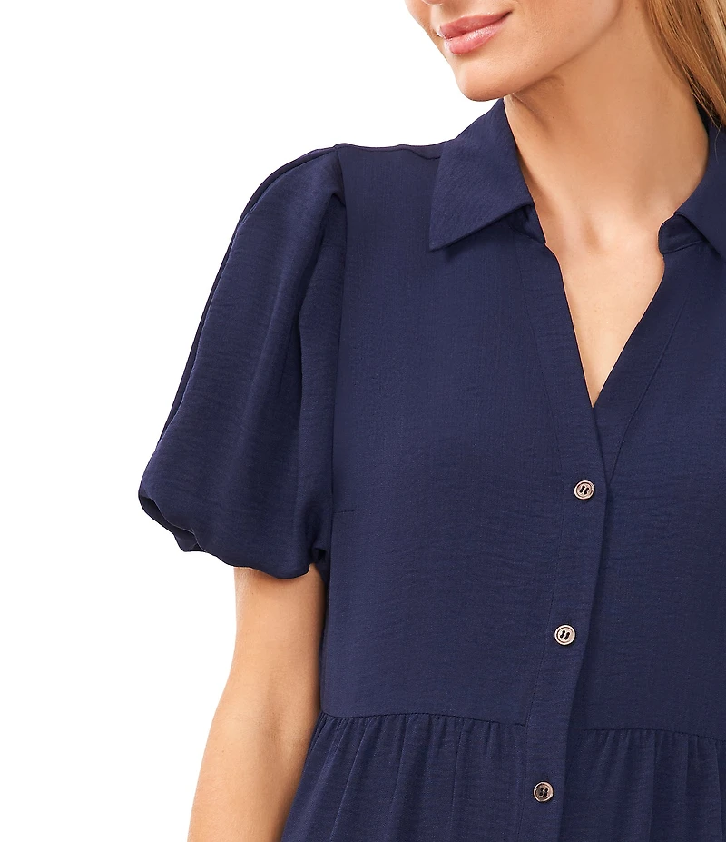 CeCe Gauze Point Collar Short Puff Sleeve Button Front Tiered Midi Shirt Dress