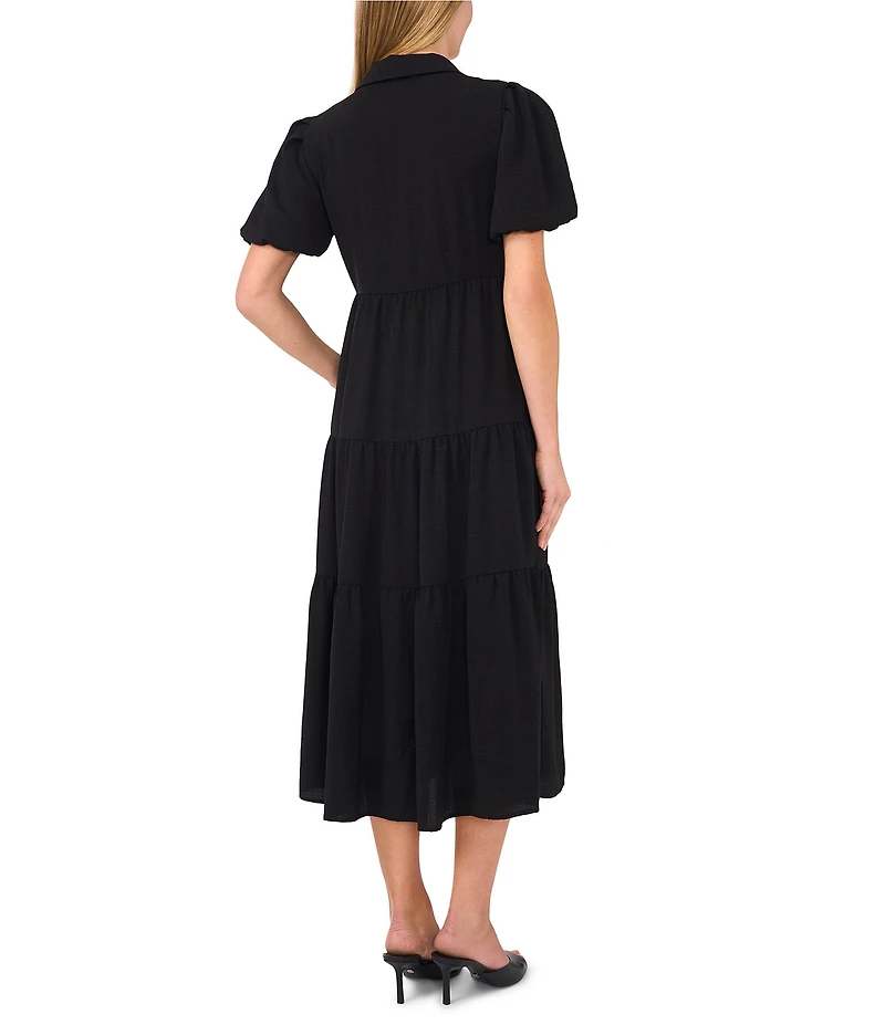 CeCe Gauze Point Collar Short Puff Sleeve Button Front Tiered Midi Shirt Dress