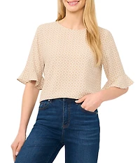 CeCe Geometric Crew Neck Short Sleeve Ruffle Cuff Blouse
