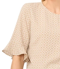 CeCe Geometric Crew Neck Short Sleeve Ruffle Cuff Blouse