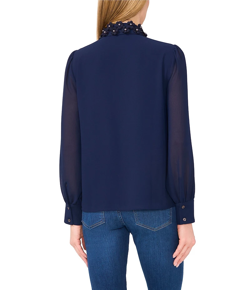 CeCe Georgette Floral 3D Applique Pointed Collar Long Sleeve Hidden Button Front Blouse