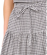 CeCe Gingham A-Line Tiered Belted Midi Skirt