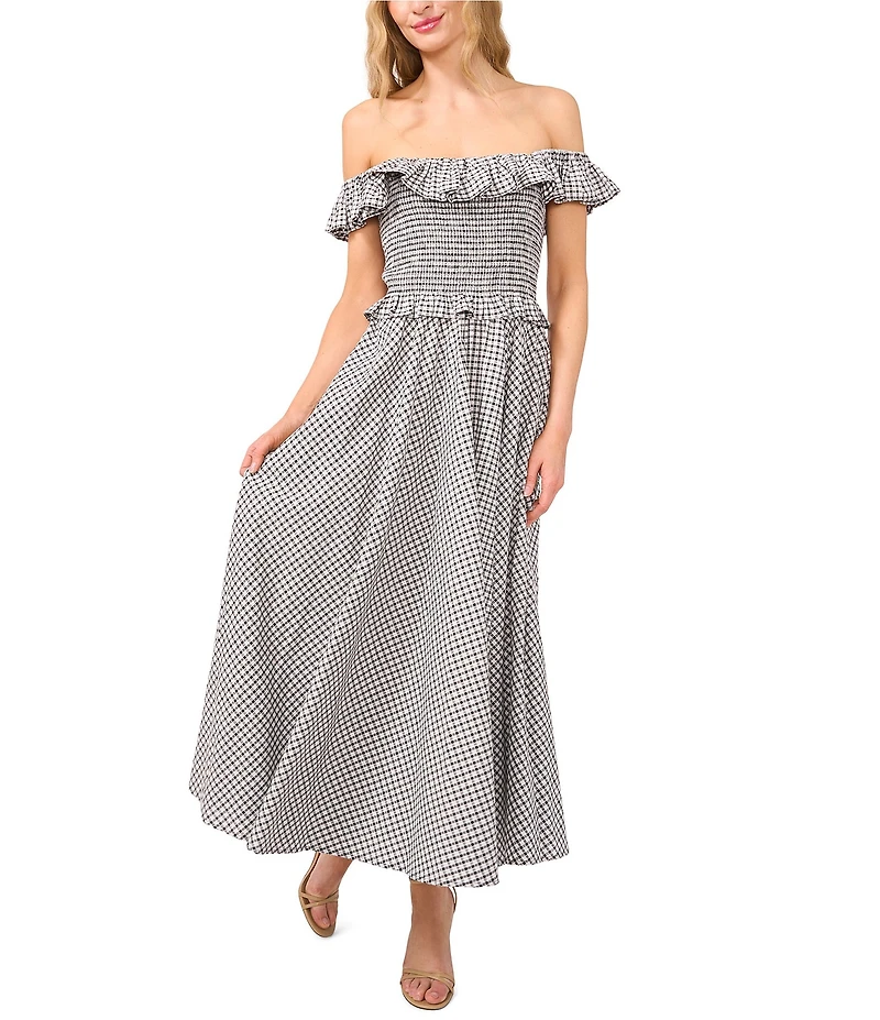 CeCe Gingham Off-The-Shoulder Sleeveless Ruffle Smocked Maxi A-Line Dress