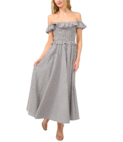 CeCe Gingham Off-The-Shoulder Sleeveless Ruffle Smocked Maxi A-Line Dress