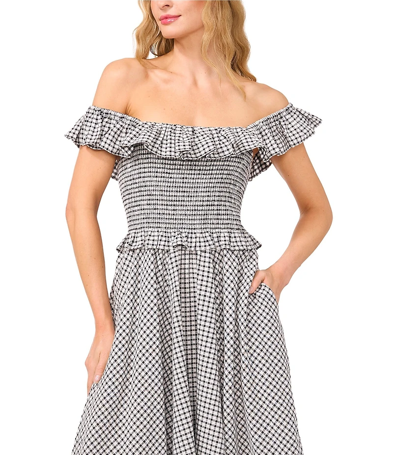 CeCe Gingham Off-The-Shoulder Sleeveless Ruffle Smocked Maxi A-Line Dress